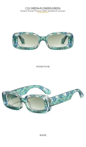Detail view of retro rectangle sunglasses featuring green tropical leaf floral pattern