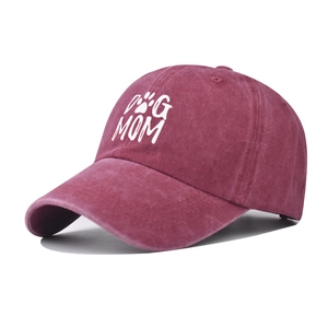 Burgundy washed cotton baseball cap with DOG MOM embroidery and dog paw print design