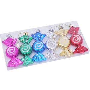 Set of 6 colorful candy-shaped Christmas hanging ornaments with glitter in a clear box