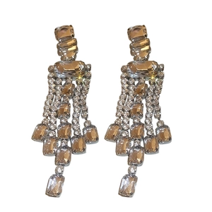 Elegant champagne gold tassel earrings with square rhinestones and fringe for women