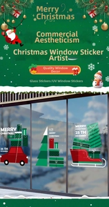 Detail of Christmas window stickers featuring red cars and trees on glass displays
