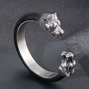 Punk style stainless steel wolf head cuff bracelet with black leather texture finish