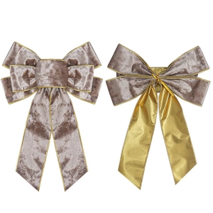 Brown velvet bows with gold edging for Christmas trees, front and back view on white background