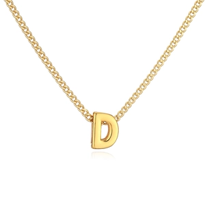 Macro shot of gold-plated letter D pendant hanging on a delicate metallic link chain
