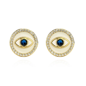 Classic gold-plated evil eye stud earrings with blue gemstone and zircon halo