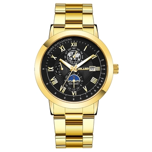 Orologio da uomo di lusso in acciaio inossidabile dorato con quadrante nero e fasi lunari