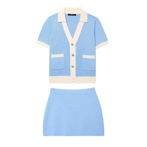 Women Knit Short Sleeve V Neck Cardigan And Mini Skirt Color Block Light Blue Off White Preppy Style