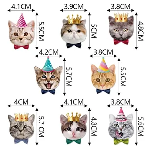 Size chart showing 8 cat head cake toppers with dimensions for cat birthday decorations