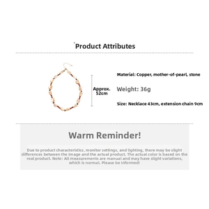 Detail showing dimensions of ethnic stone and mother-of-pearl necklace, 43cm plus 9cm chain