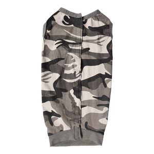 Dog recovery suit with grey camouflage pattern for post-surgery protection and wound care