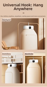 Portable folding clothes dryer shown hanging in a balcony, dormitory, and wardrobe setup