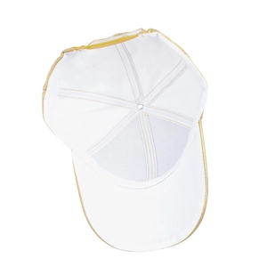 Detailed interior view of a shiny gold baseball cap with white lining and adjustable strap
