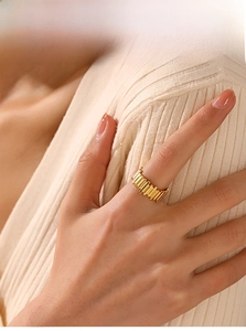 Macro shot of 18K gold plated ring featuring a vertical pillar texture on the metal band