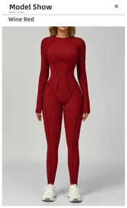 Detail view of burgundy brushed yoga bodysuit showing structured slimming stitching