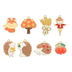 Autumn themed alloy drip oil pendant set featuring fox, pumpkin and scarecrow charms