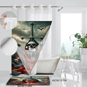 Waterproof shower curtain set with skull and sword graphic and matching bath mat