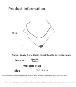 Detailed size chart for heart double layer snake chain necklace with copper material and length