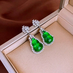 Vintage Green Gourd Drop Earrings With 925 Sterling Silver Earring Post Zircon Inlay Elegant Jewelry For Women