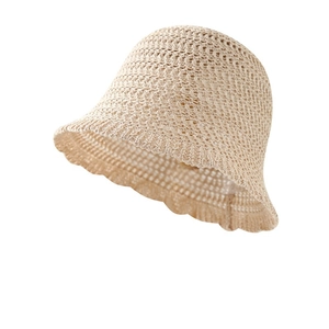 Breathable hollow knit beige bucket hat with stylish wavy brim for summer sun protection