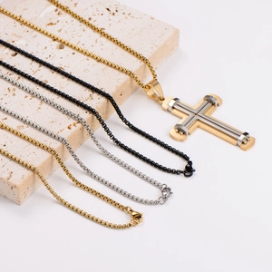 Minimalist two-tone stainless steel cross pendant with gold and silver box chains
