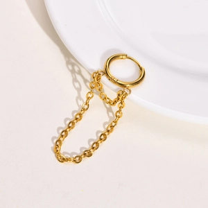 Golden titanium steel double chain hoop earrings for women with minimalist industrial design