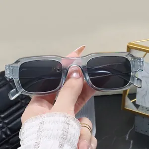 Modern rectangular sunglasses with translucent grey frames and dark tinted UV lenses