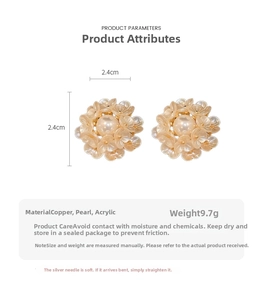 Detailed product parameters of champagne flower pearl earrings with dimensions and weight