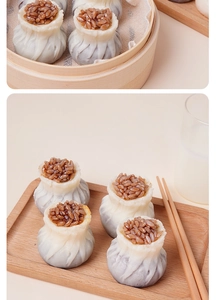 Realistic steamed shumai food model showing detailed grain filling on a wooden tray