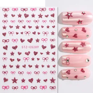 Detail of STZ-CS289 nail stickers with pink glitter hearts, stars and bows on nails