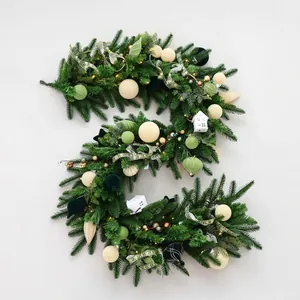 Christmas Garland With LED Lights Artificial Pine Eucalyptus Leaves Baubles Ribbon Bows Mantel Tabletop Decor