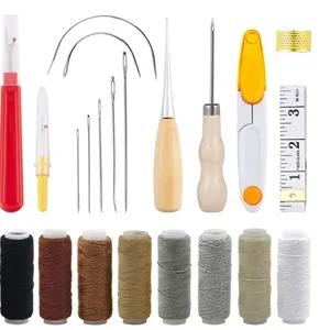 Complete heavy duty leather sewing kit with wax thread spools needles and stitching awls