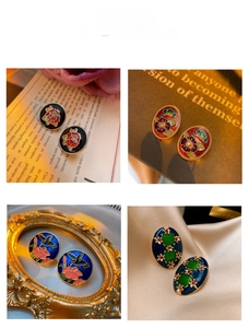 Detailed views of vintage enamel earrings with floral and bird motifs in French retro style