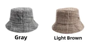 Retro style grey and light coffee plaid woolen bucket hats for women's winter fashion