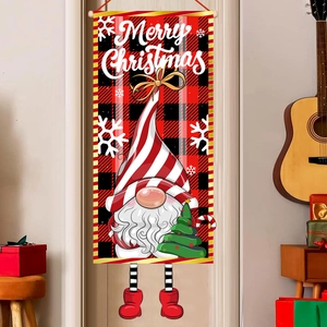 Christmas Gnome porch banner with red and black plaid pattern for holiday home decoration