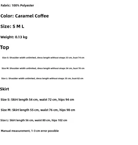 Size chart detail for vintage polka dot halter top and ruffled skirt set in caramel brown