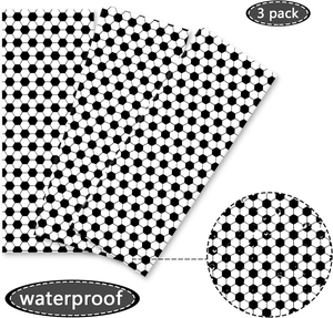 Detail of 3 pack waterproof soccer party tablecloths showing football hexagon pattern