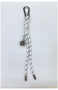 Detail of white braided lanyard keychain with silver spring carabiner and metal ball