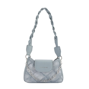 Blue denim texture shoulder bag with woven handle and floral silver chain decoration