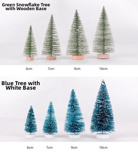 Miniature Christmas trees with pine needles and wood bases in multiple sizes
