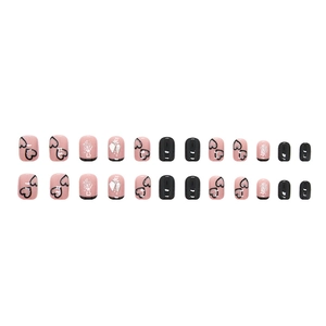Pink and black heart press-on nails with silver glitter and short square oval shape