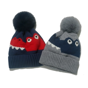 Kids Winter Knit Beanie Hat Fleece Lined Cartoon Dinosaur Pom Pom Ear Flaps Warm Outdoor Wear