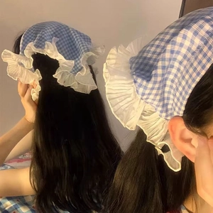 French Style Plaid Lace Triangle Scarf Headband Women Pastoral Cotton Hair Band Accessory