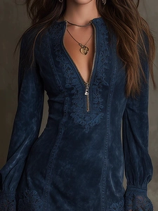 Slim fit long sleeve blue dress with V-neck lace embroidery and gold front zipper