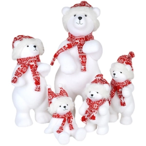 Christmas flocked polar bear figurines with red scarves and hats in 5 sizes for decor