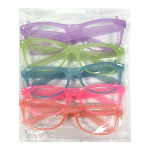 Detailed set of five colorful neon party glasses in purple green blue pink and orange