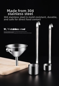 Close-up of 304 stainless steel funnel and measuring scoops with hanging hooks
