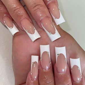 French White Tip Press On Nails Long Coffin Fake Nails Rhinestone Shiny Manicure For Women Jelly Glue And Nail File