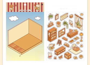 DIY isometric paper bakery craft set with cute cat stickers and miniature 3D scenery