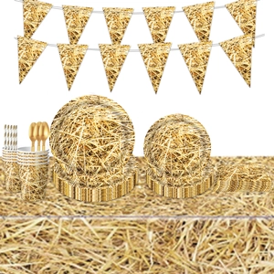 Bauernhof Thema Partygeschirr Heustapel Druck Pappteller Becher Servietten Tischdecke Banner Gold Plastikbesteck Picknick