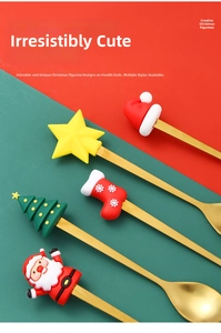 Detailed view of golden stainless steel Christmas spoons with silicone cartoon figurines